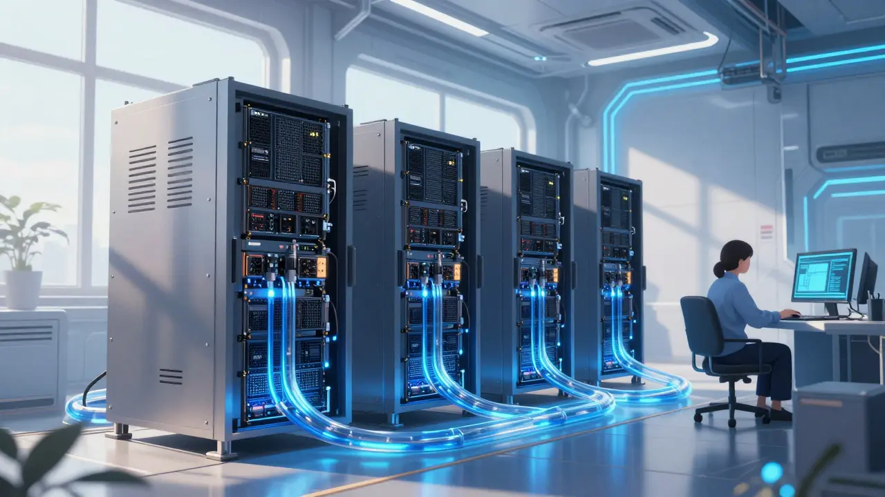 Futuristic mining facility with hydro-cooled S21e units and blue coolant pipes in clean room