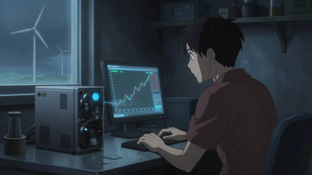 Lone miner with old Antminer S9 facing losses, wind turbines outside