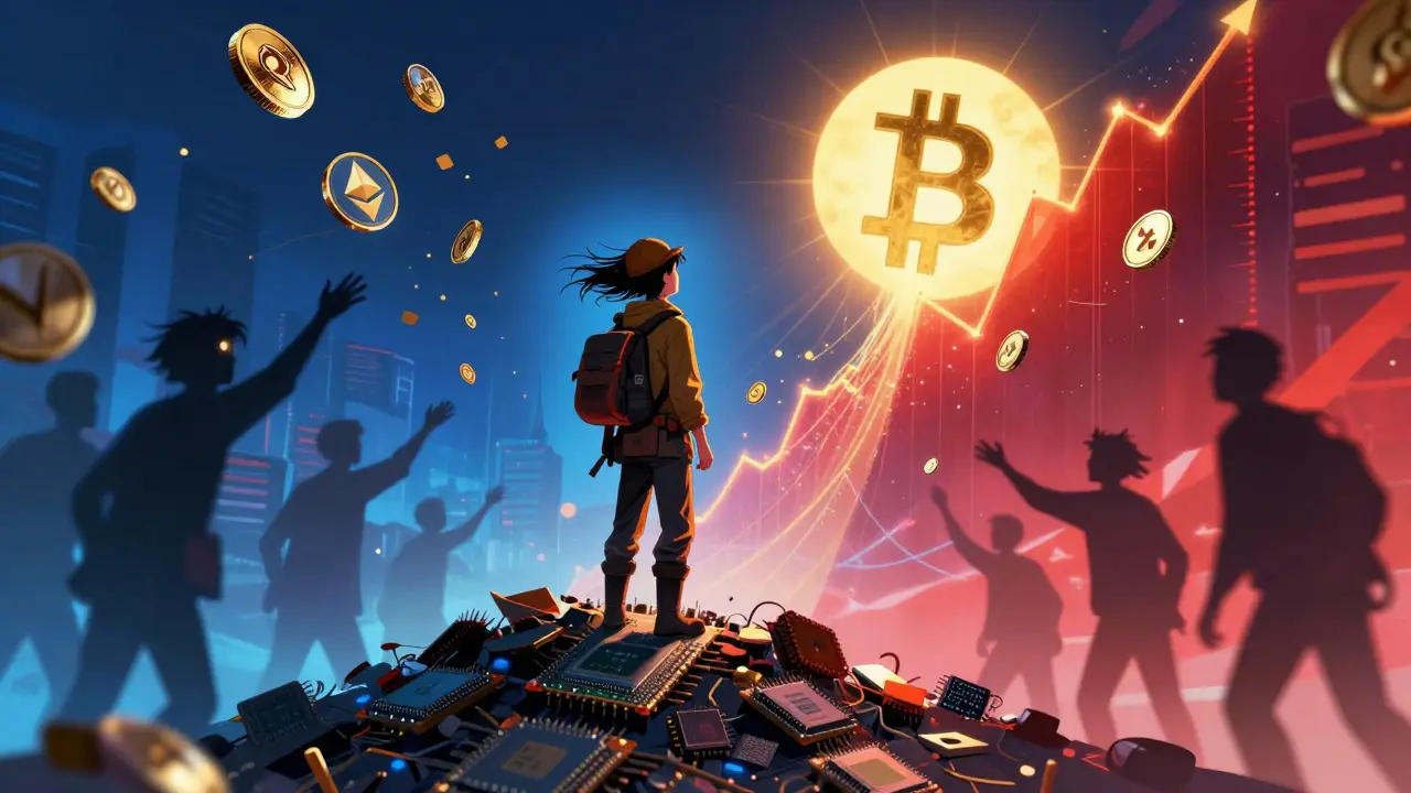 Miner amid discarded hardware gazing at a rising Bitcoin chart as altcoins float behind in neon glow.