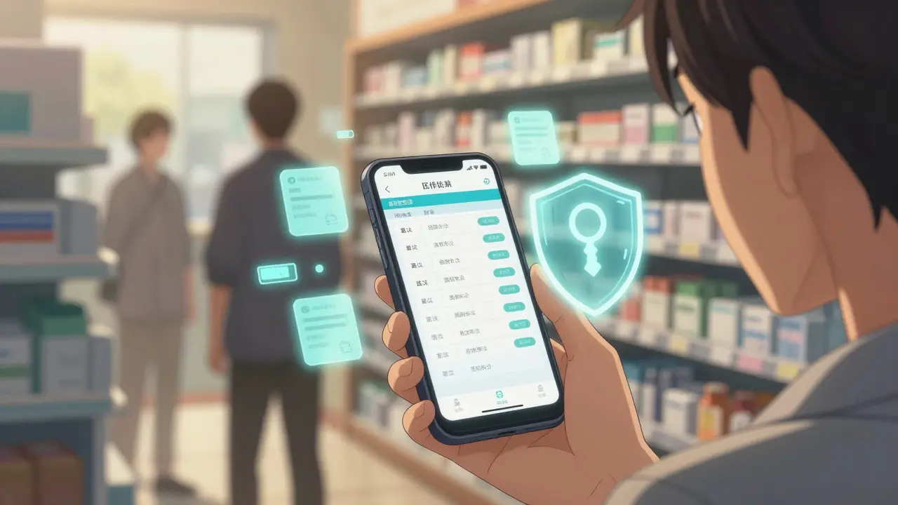 Patient viewing their prescription history on a smartphone, protected by a private key shield.