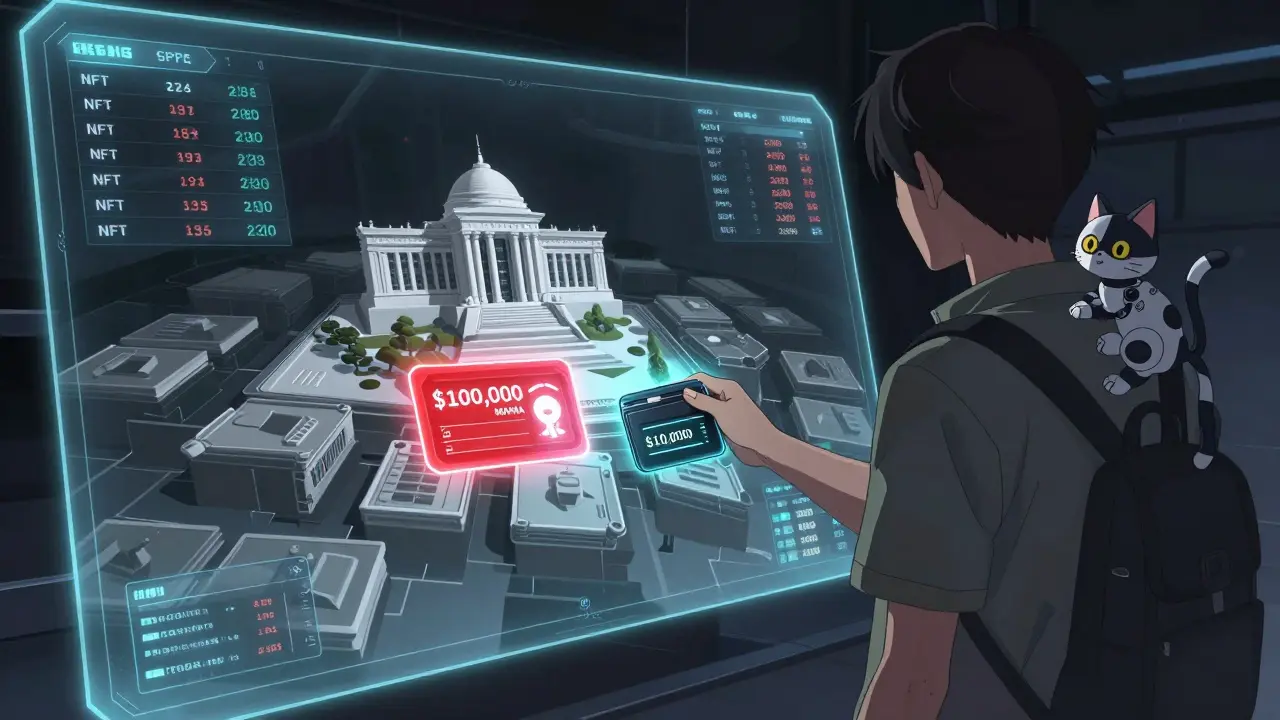 Person examining a holographic map of virtual land parcels, one priced at 0,000 near a digital art museum, with crypto wallet in hand.
