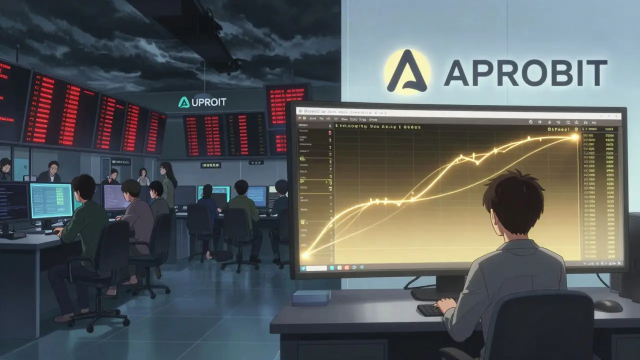 Side-by-side comparison: chaotic Upbit trading floor vs calm APROBIT room with smooth price flow.