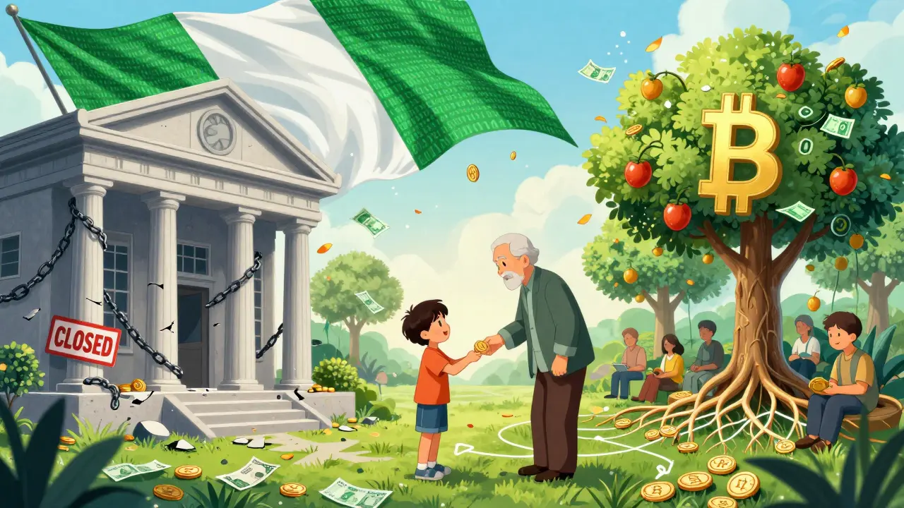 Split scene: crumbling bank on left, digital crypto garden on right, Nigerian flag made of binary code flowing above.
