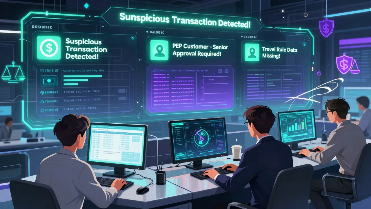 Team members managing a crypto compliance dashboard with urgent alerts for suspicious transactions and Travel Rule failures.