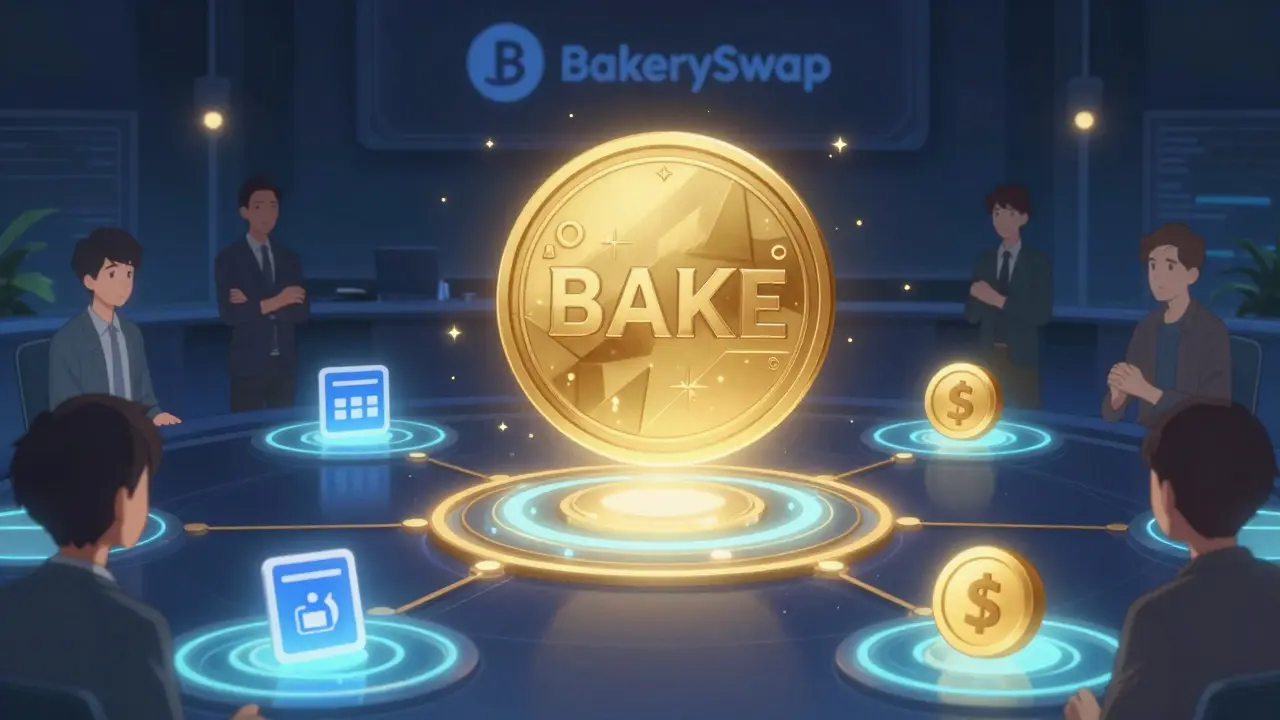 The real BAKE token glowing above blockchain pools and NFT icons, with traders nearby, in anime style.