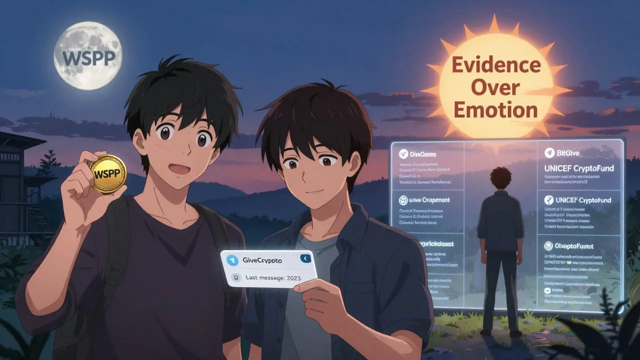 Three figures contrasting failed crypto promise with verified charity projects under a twilight sky.