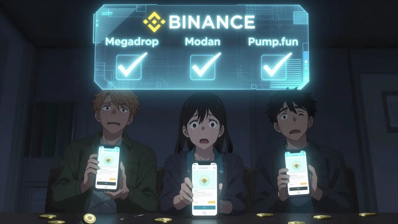 Three users seeing real airdrop projects glowing above them while fake CAKEBANK tokens fade at their feet.