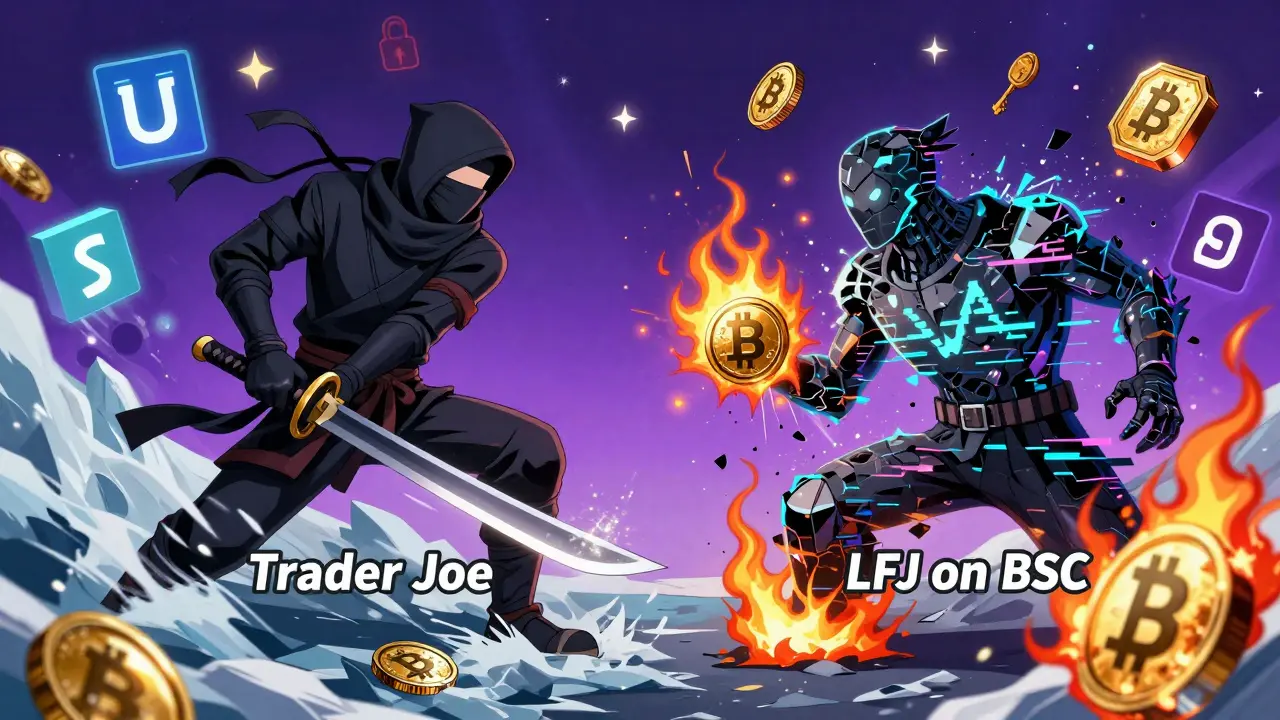 Trader Joe ninja battles a glitching BSC impostor amid swirling crypto tokens and blockchain code.