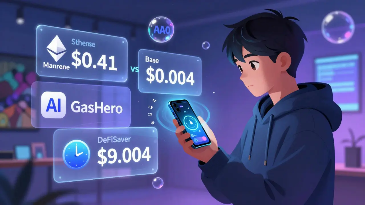 Young trader using AI tools to minimize gas fees on a glowing smartphone interface.