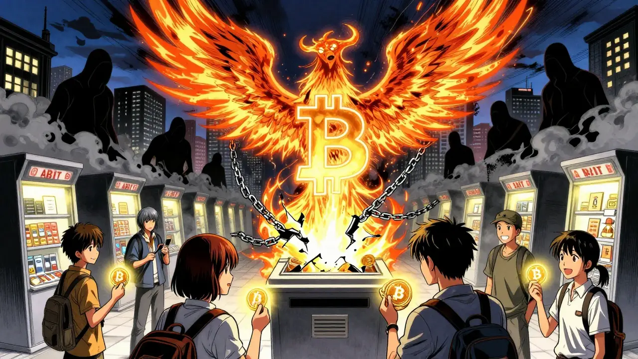 A Bitcoin symbol erupts from a kiosk as hackers fade away, while diverse users celebrate receiving Bitcoin.