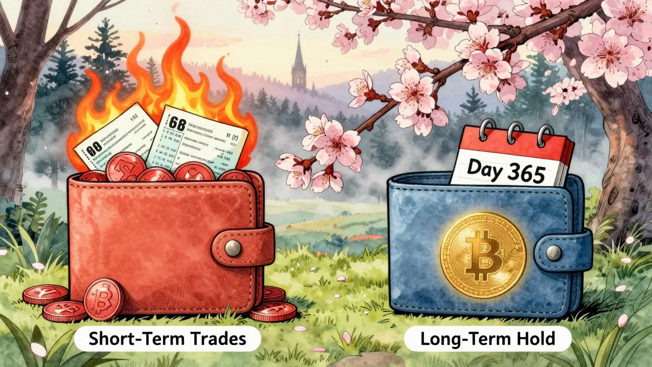 A calm long-term crypto wallet glows peacefully beside a chaotic short-term wallet with burning tax bills.