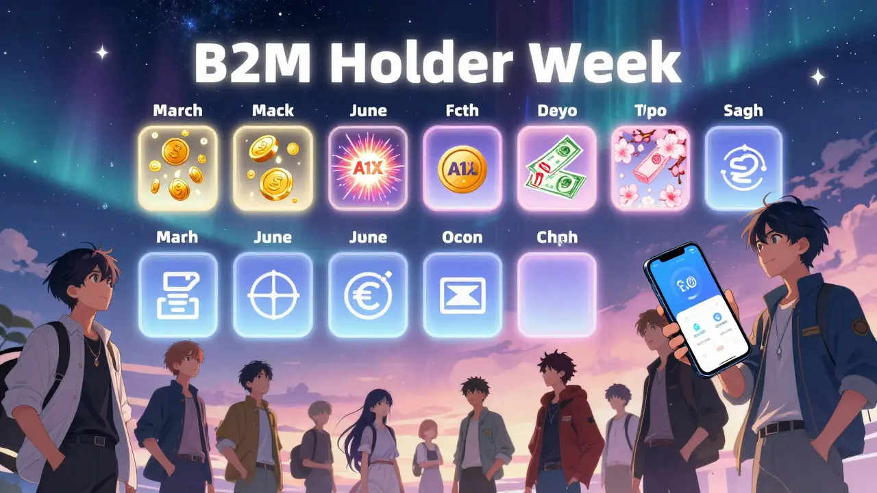 A cosmic calendar showing monthly B2M Holder Week rewards like Reental, A1X, and cashback in anime style.