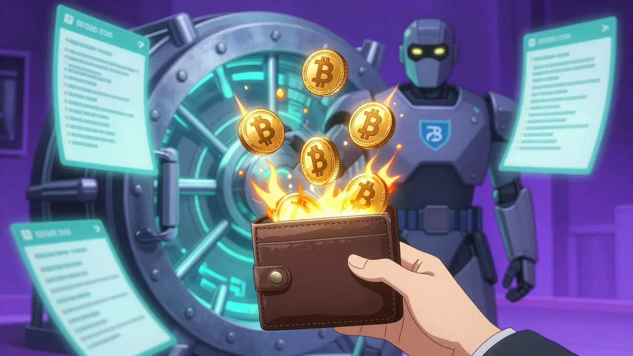 A digital vault guarded by a robotic custodian minting WBTC tokens with glowing audit reports.