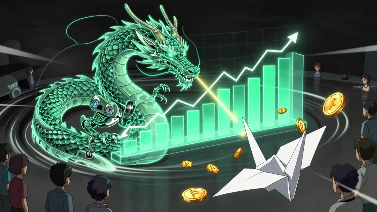 A dragon-like smart contract automatically adjusts liquidity ranges as price arrows fly past, with a put option crane releasing coins.