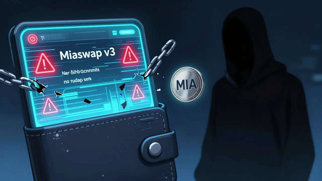 A glitching smart contract screen with warning symbols, surrounded by a shadowy anonymous team and a single MIA token.