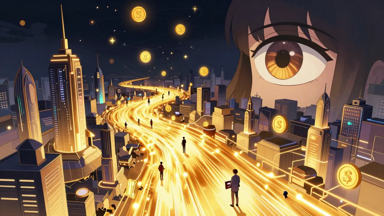 A golden Solana blockchain river flowing through a futuristic city with users earning tokens and Kanon NFTs orbiting above.