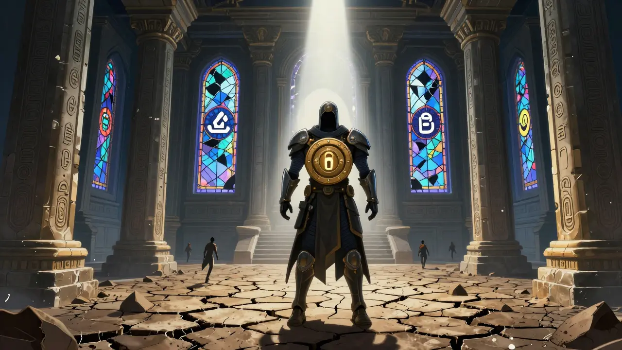 A guardian holding a five-day lock mechanism beside a dried-up ocean of trading volume.