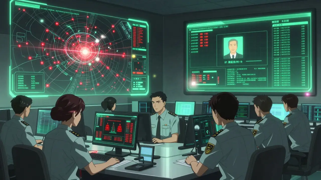 A high-tech bank control room with holographic crypto transaction maps and officers monitoring surveillance data.