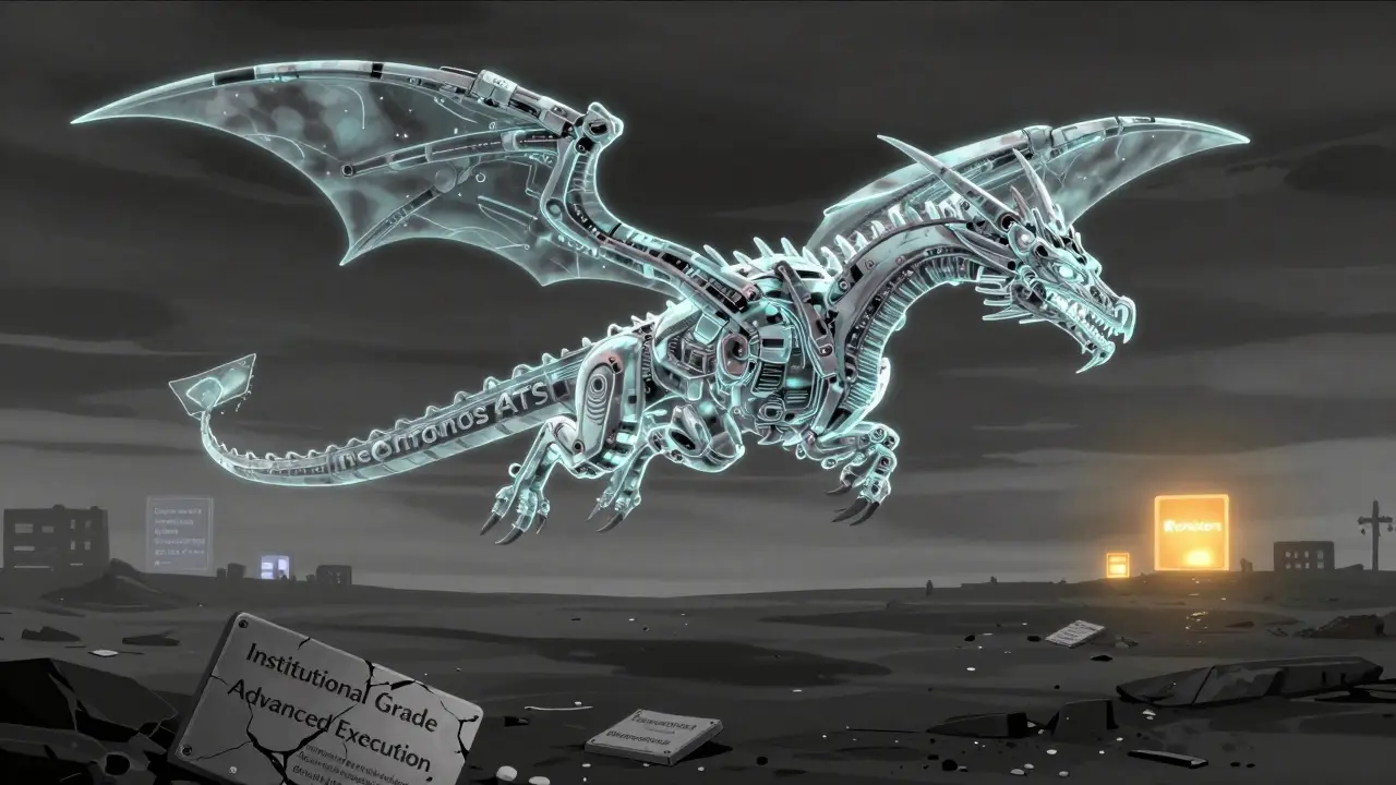 A hollow mechanical dragon labeled OneChronos ATS floats over an empty digital wasteland in anime style.
