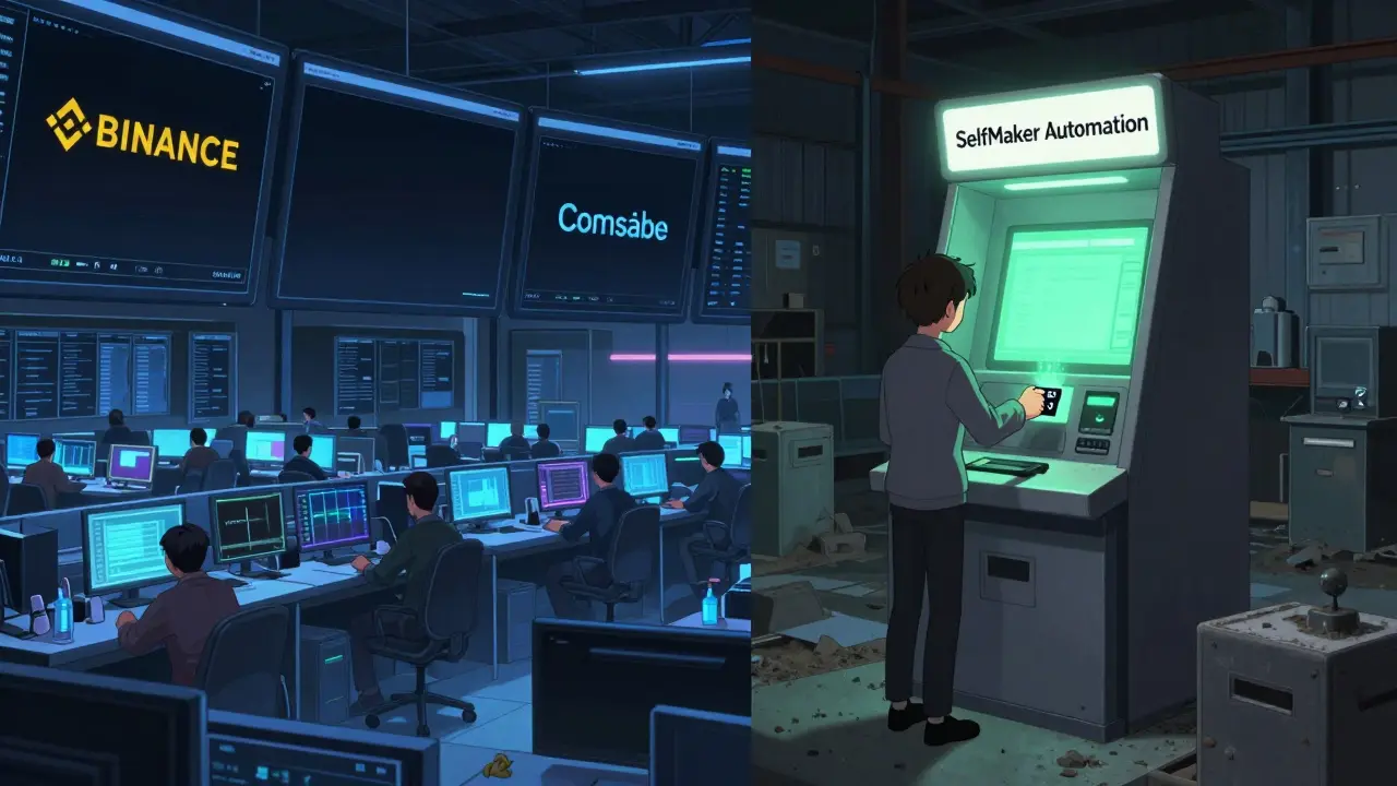 A lone self-checkout kiosk activates with a green glow from a SELF token, while major exchanges remain dark and empty.