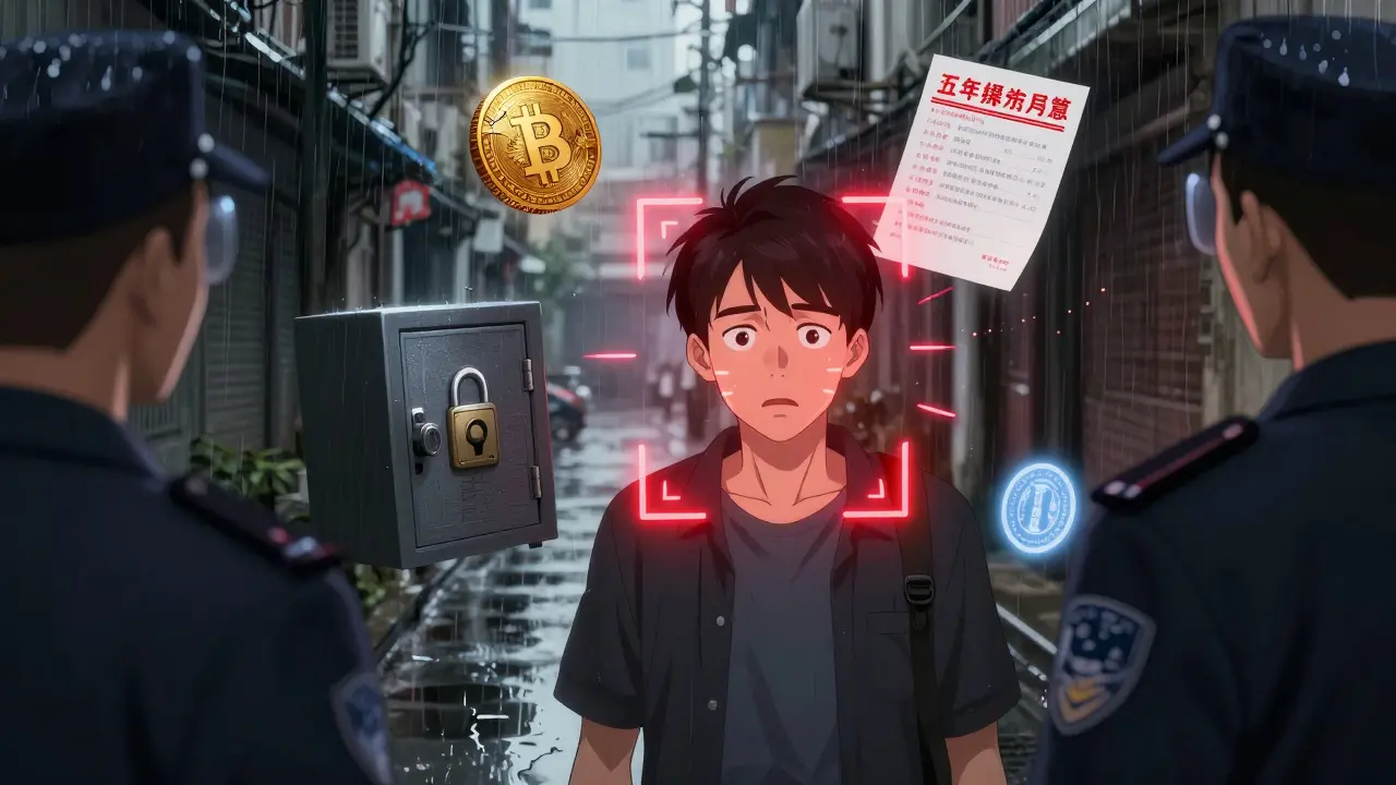 A man confronted by bank investigators as digital freeze alerts and a ban notice surround him in a rainy alley.