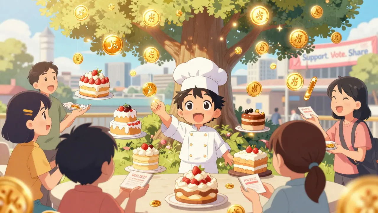 A pastry chef sharing rewards with loyal customers through glowing tokens and cake designs in a cozy anime-style scene.