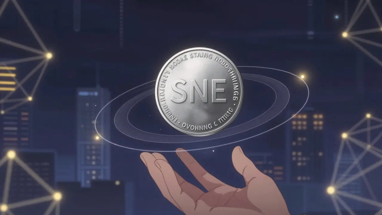 A single SNE token spins in space, surrounded by rings symbolizing staking, node contribution, and governance.
