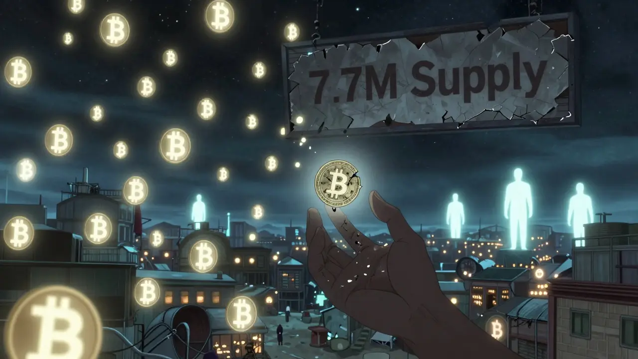 A tiny, flickering SELF token drifts alone in space, dimming as other cryptocurrencies shine brightly in the distance.