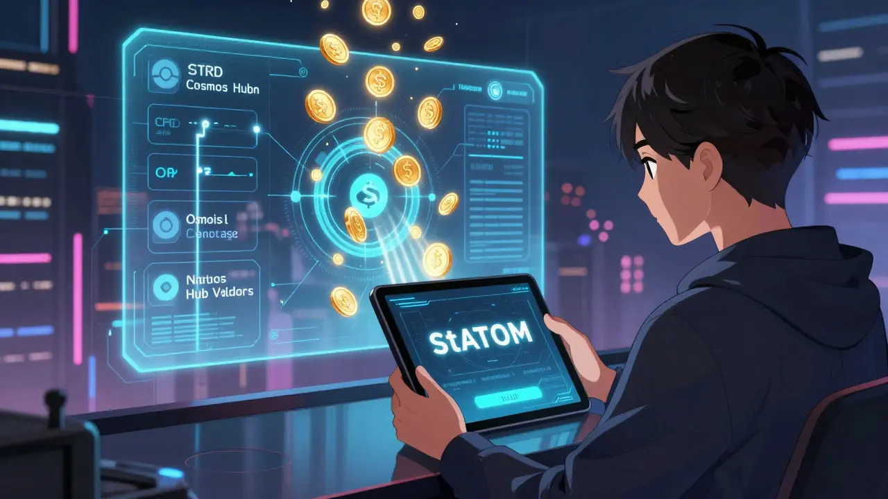 A trader uses stATOM across DeFi platforms while Cosmos Hub validators process transactions in a neon cyberpunk city.