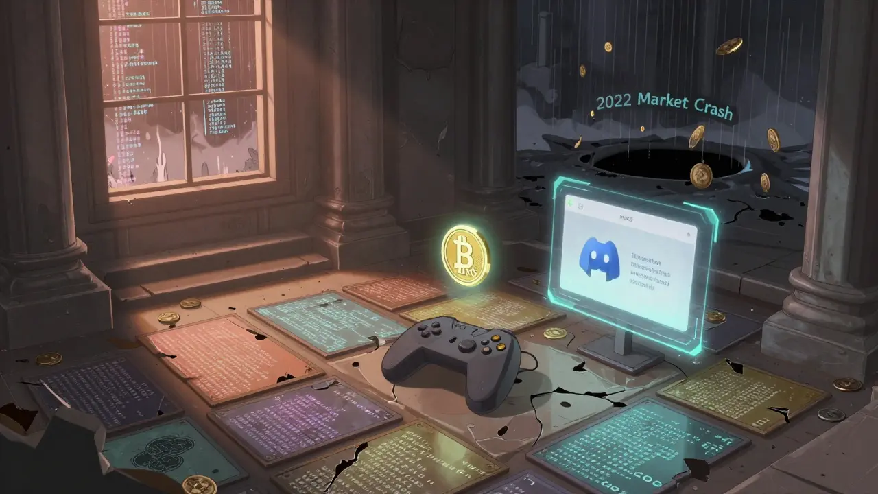 An abandoned digital temple with faded NFTs and a dying Discord notification under a crypto crash storm.