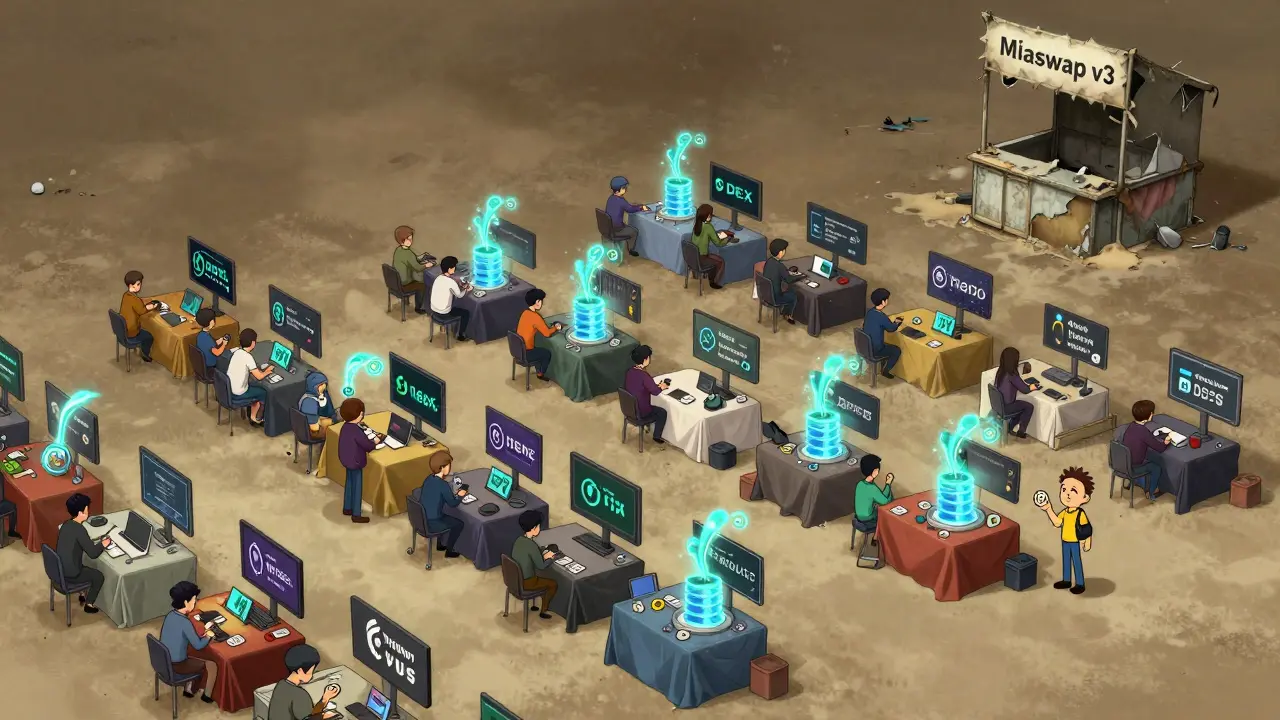 An abandoned Miaswap v3 booth in a bustling DeFi marketplace, while other DEXs thrive with activity.