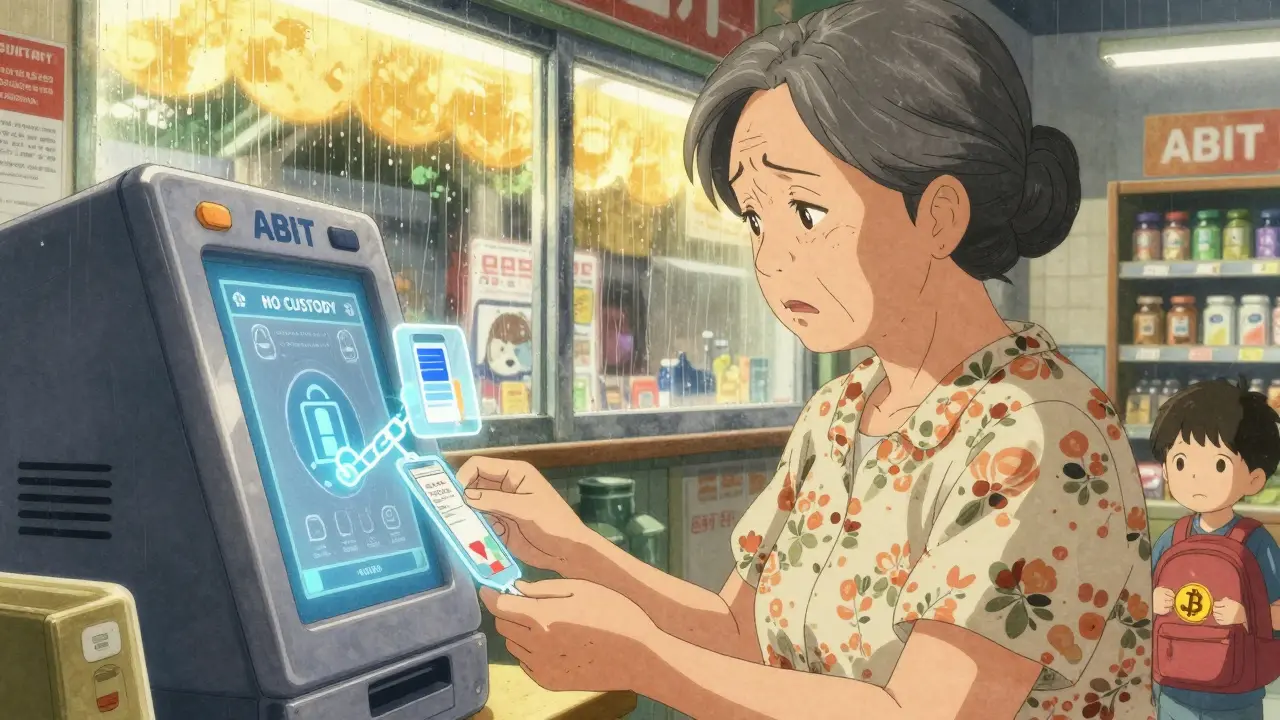 An elderly woman scans her ID at an ABIT kiosk in a grocery store, with blockchain animation confirming her transaction.