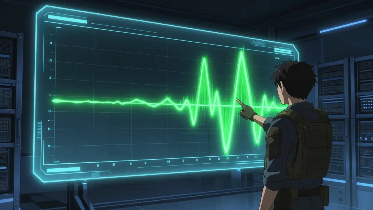 Analyst checking data screen showing dead line versus active energy waves.