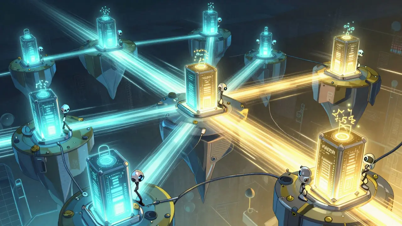 Anime art showing glowing data packets moving through network nodes.