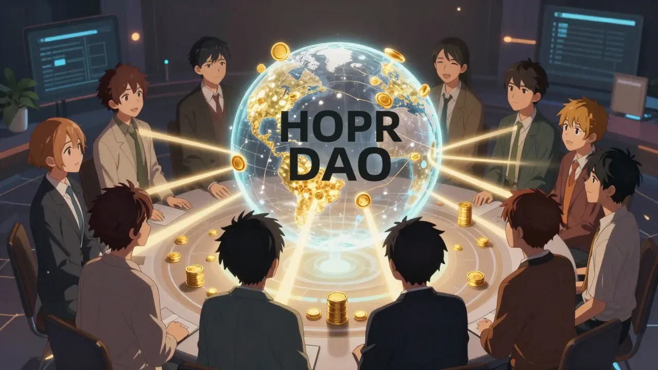 Anime characters gathered around floating token globe representing governance.