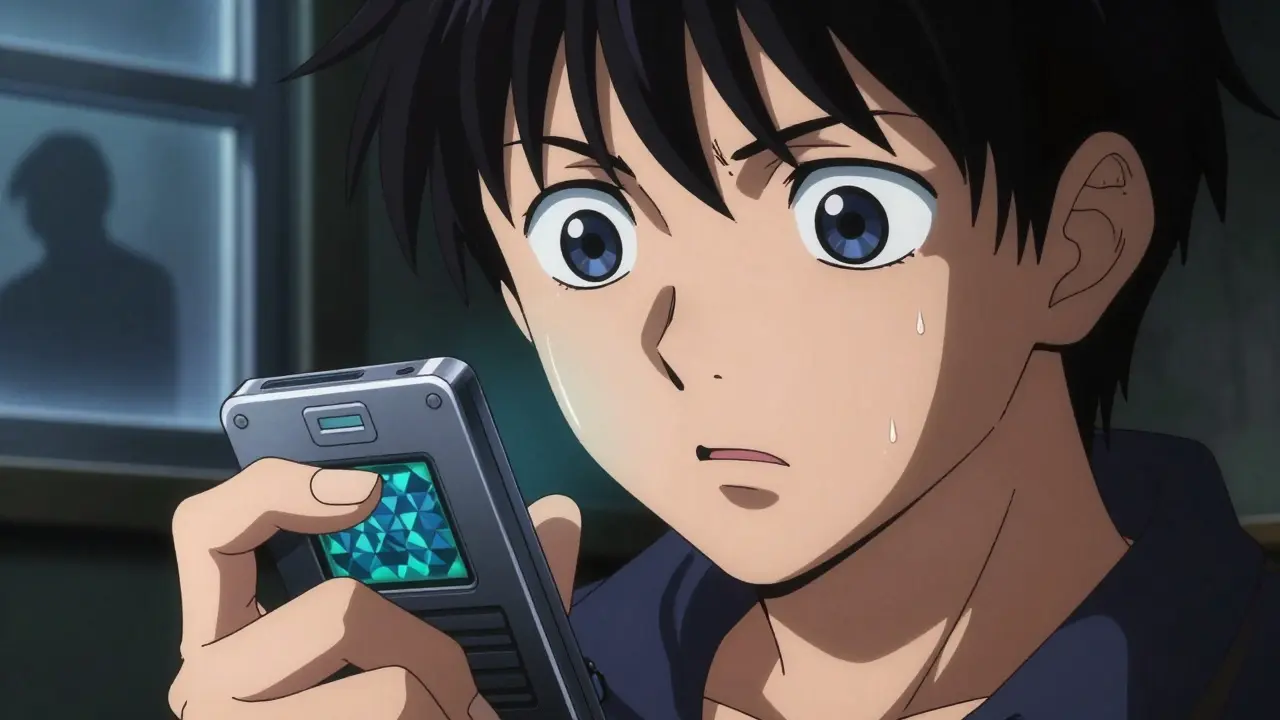 Anxious person hiding a glowing hardware wallet in dark room.