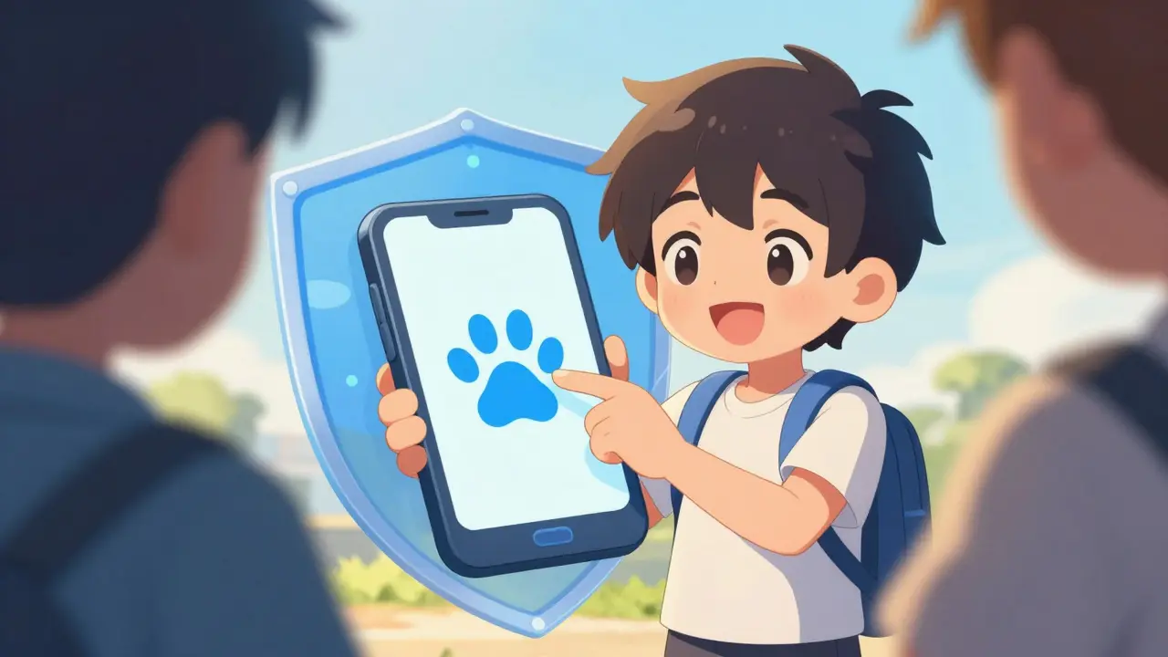 Character tapping phone with paw icon inside a glowing blue security shield.