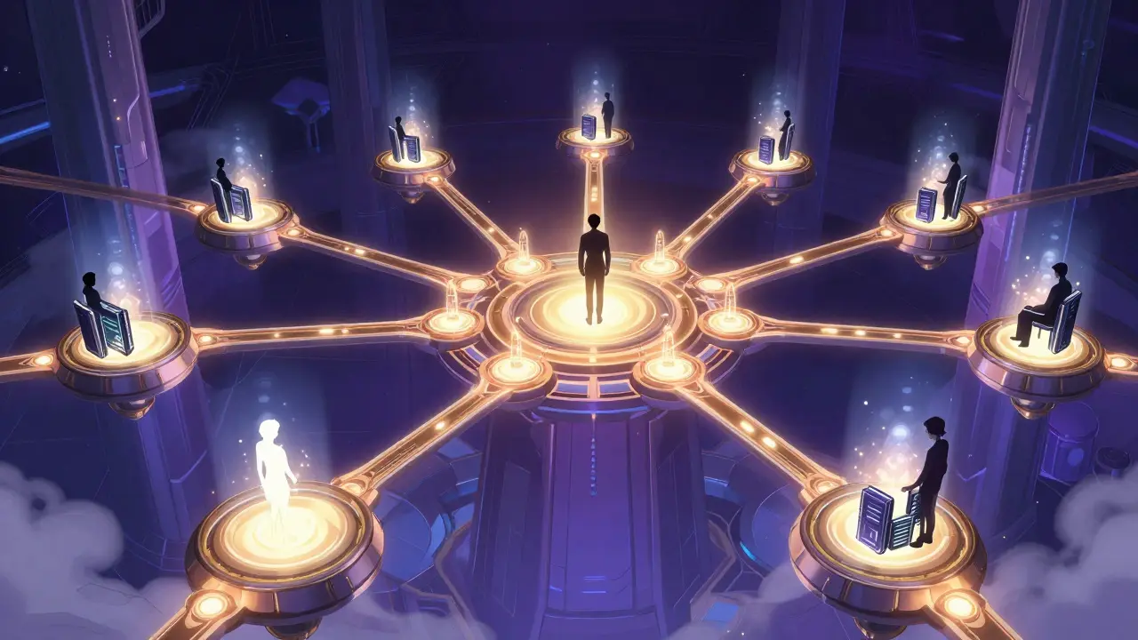 Decentralized node network with glowing relays in anime style.