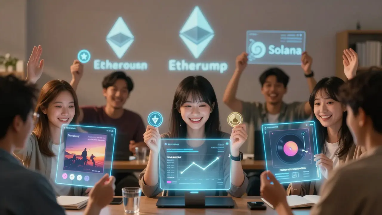 Diverse community members voting and unlocking content through holographic social token interfaces in a digital space.