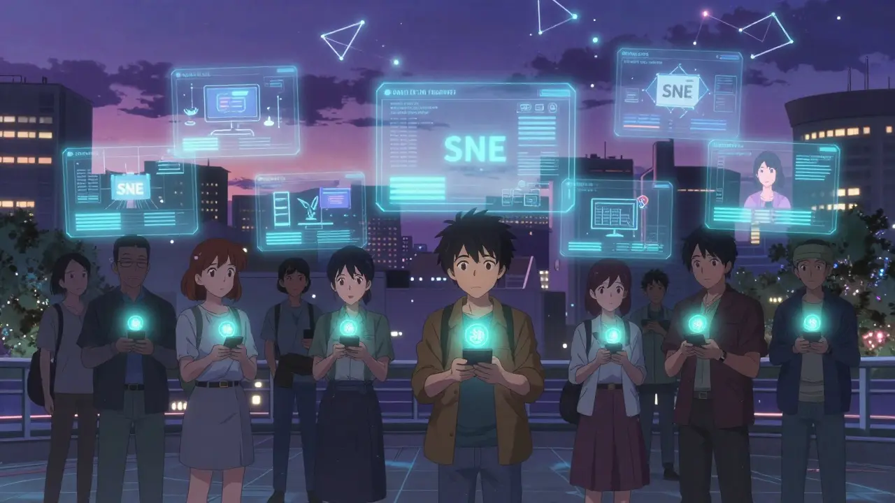 Diverse people in a neon city share computing power, with holographic businesses paying them in SNE tokens.