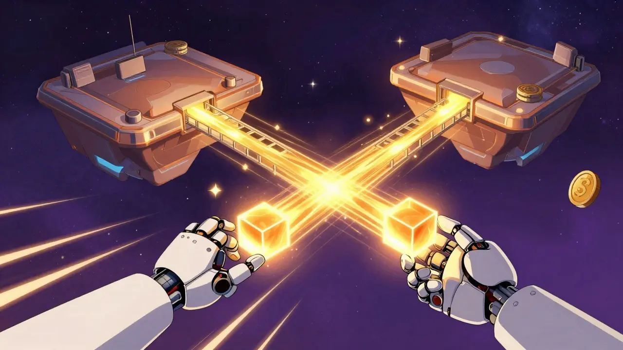 Energy beam connecting two platforms symbolizing digital asset exchange transfer