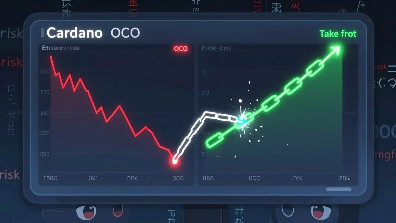 Futuristic trading terminal showing an OCO order with one leg triggering and the other disappearing in digital particles.