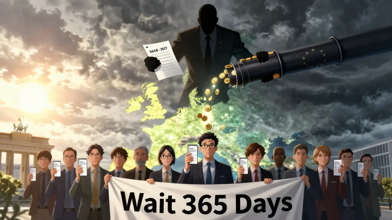 German crypto holders stand firm as a shadowy EU figure drains coins from Germany toward a dark pipe.