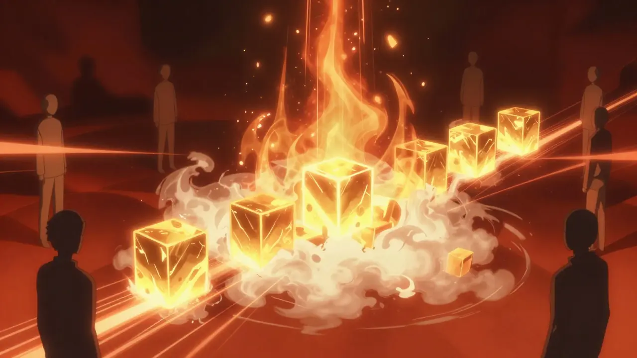 Glowing data blocks dissolving into energy smoke stream