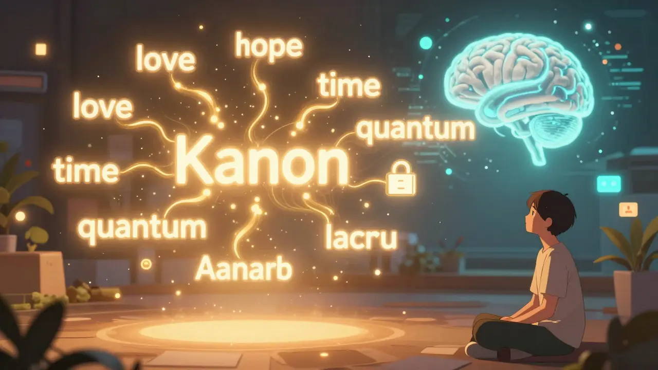 Glowing Kanon NFTs representing words like 'love' and 'quantum' connected to an AI brain with passive income notifications.