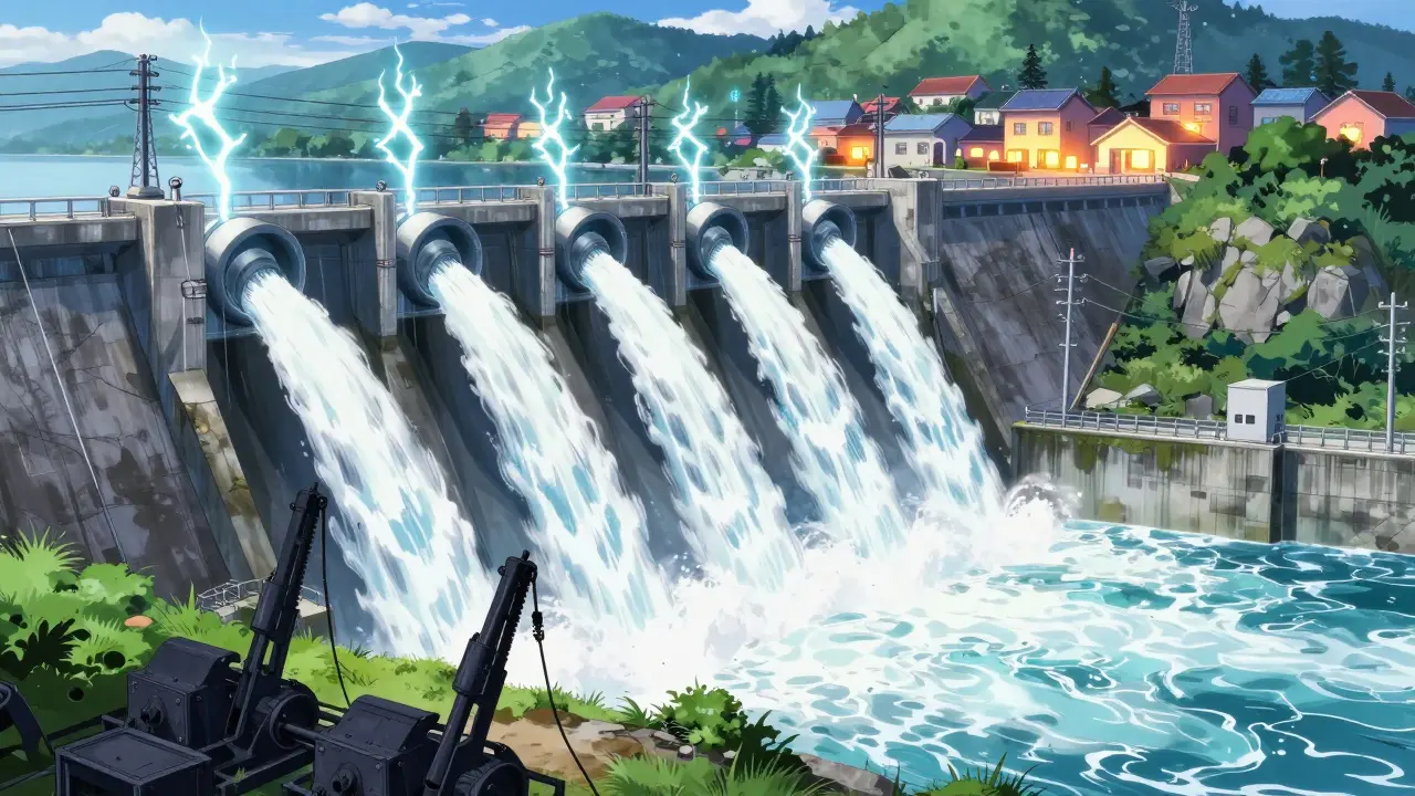 Hydro dam powering homes while mining servers sit idle in snow