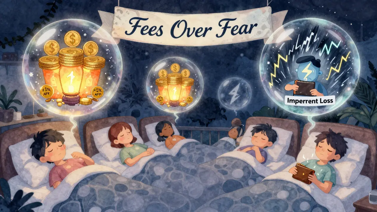 Sleeping DeFi users dream of stablecoin pools glowing peacefully, while another dreams of chaotic price swings and loss.