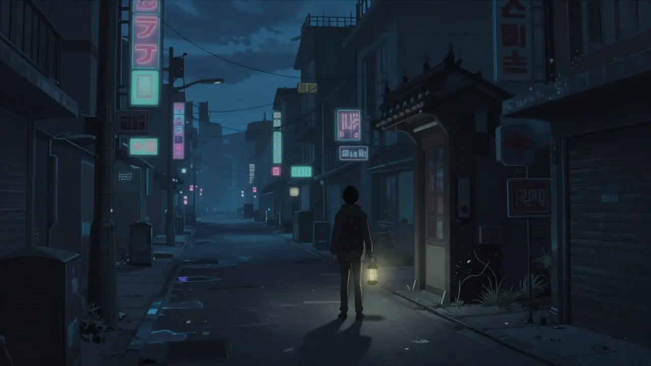 Solitary figure standing in an empty futuristic city street with dim neon lights