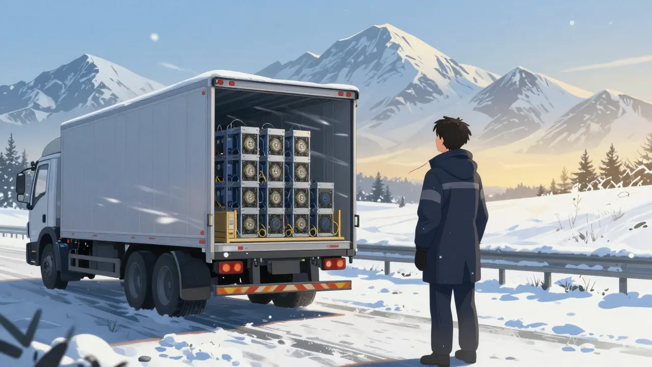 Technician inspecting truck with mining equipment in snowy landscape