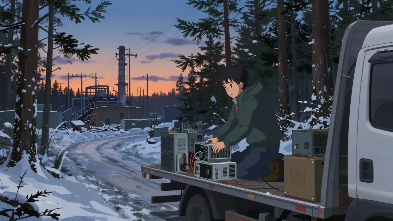Technician loading mining hardware onto a truck near snowy forest